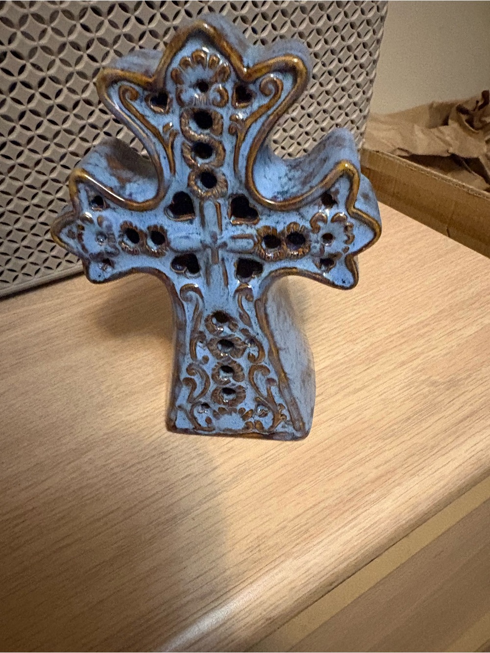 Decorative Blue Ceramic Cross with Gold Accent - Home Art